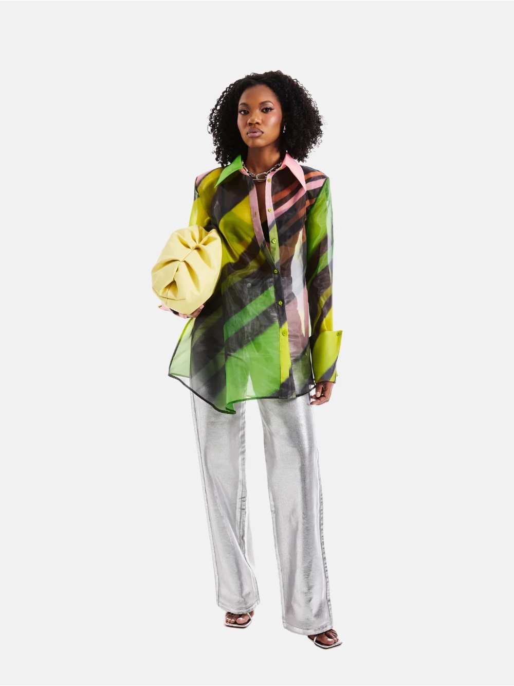 Hanifa Nova Sheer Striped Button-Up Blouse in Lime & Black